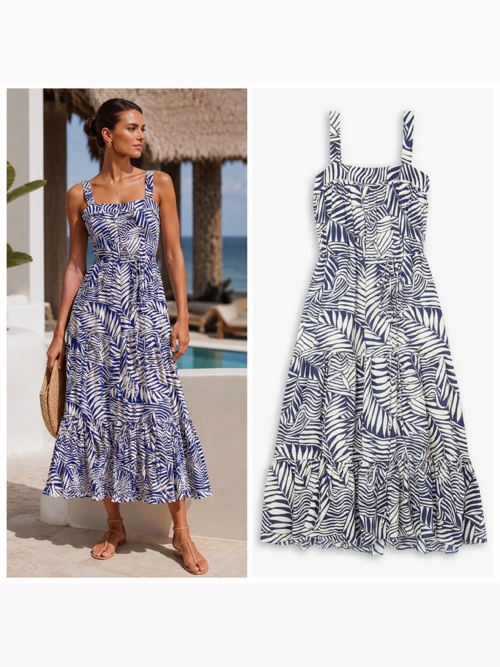 Lemlem Blue White Midi Dress Tiered Print XS Resort Vacation Beach Palm Leaf 🟠
